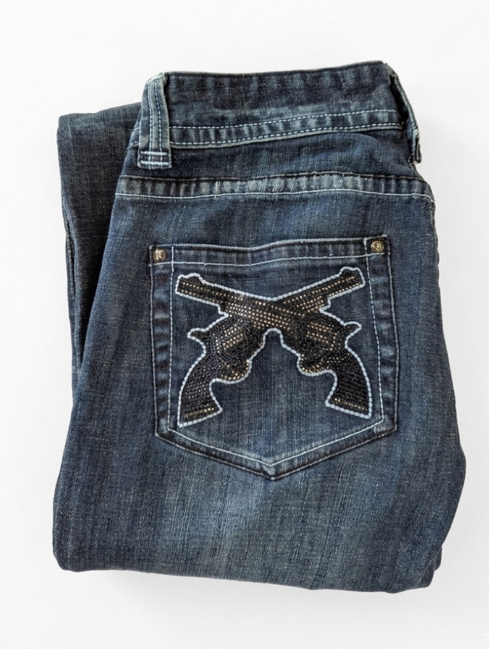 Rock and Roll Cowgirl Pistol Pocket Dark Wash Boot Cut Jeans Size 29 x 36
